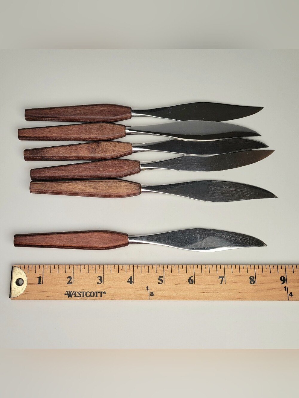 Fleetwood Designer Stainless Steel  Steak Knives MCM Teak Handle Set 6 VINTAGE